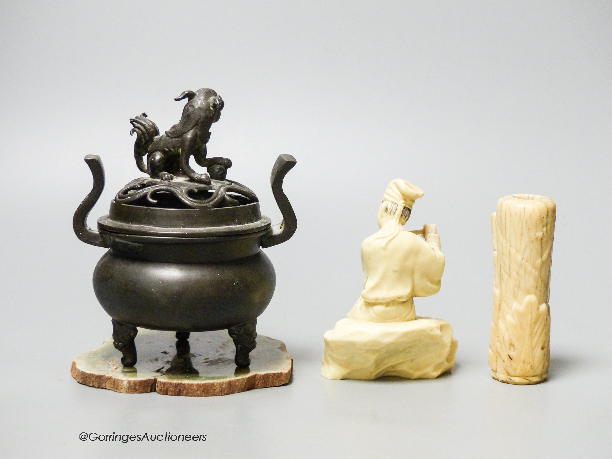 A Japanese bronze censer, a marine Ivory handle and a simulated Ivory figure